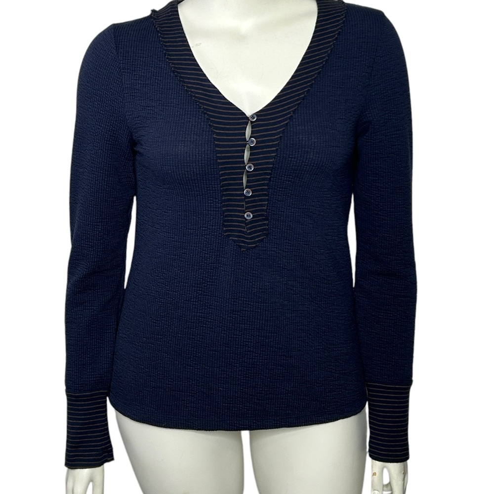 Hem & Thread Blue Top Blue Large Long Sleeve Thermal V Neck Women's